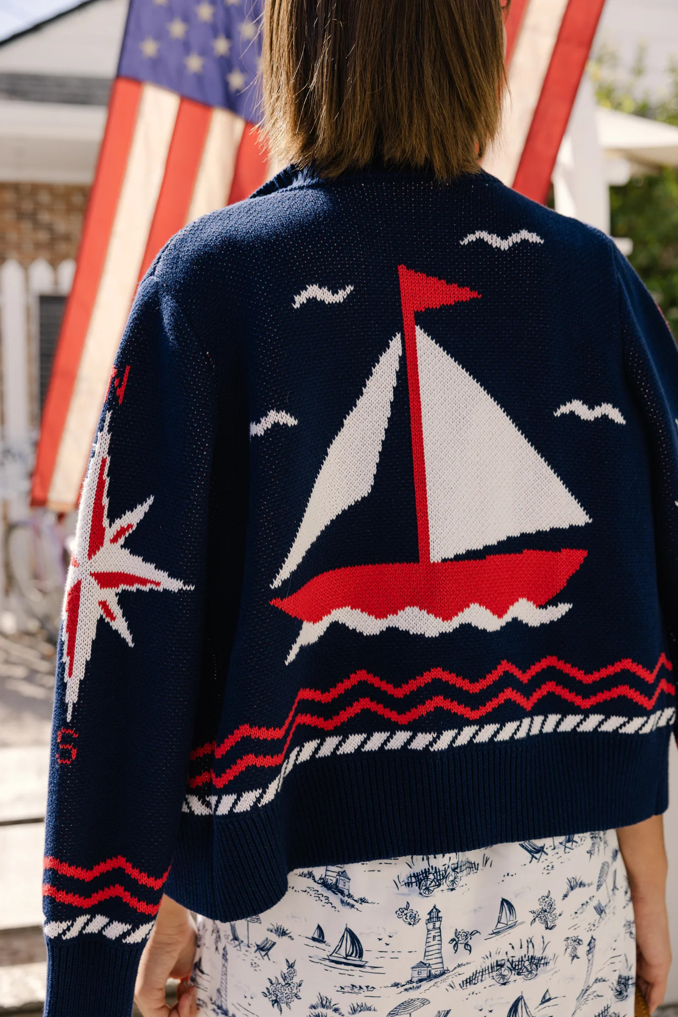 Shawl Neck Cardigan in Navy Sailboats | Duffield Lane