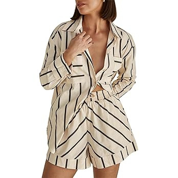 Women's Striped 2 Piece Outfits Casual Oversized Button Down Shirts and Short Lounge Pajamas Set | Amazon (US)