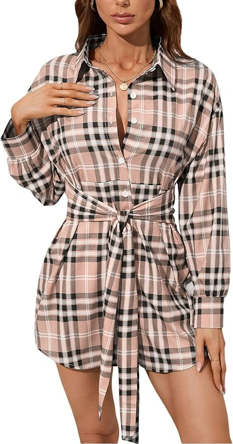 LYANER Women’s Collar V Neck Button Down Tie Waist Long Sleeve Plaid Shirt Dress | Amazon (US)