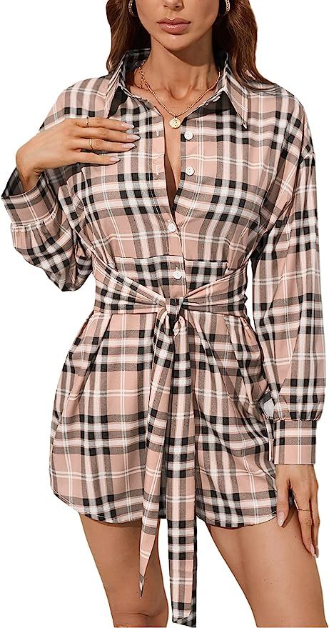 LYANER Women’s Collar V Neck Button Down Tie Waist Long Sleeve Plaid Shirt Dress | Amazon (US)