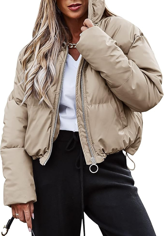 Womens Zip Up Quilted Puffer Jacket Long Sleeve Pocketed Warm Winter Crop Bubble Coats | Amazon (US)