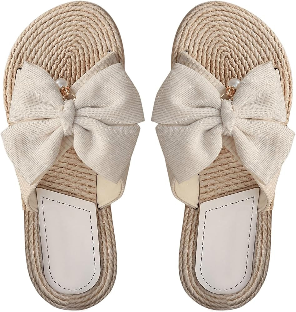 GORGLITTER Women's Bow Flat Sandals Dressy Pearls Open Toe Lightweight Vacation Slip On Slide San... | Amazon (US)