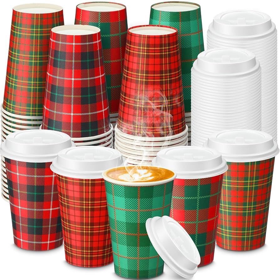 150 Pcs Christmas Plaid Paper Cups Disposable Coffee Cup with Lids Christmas Cups Coffee Bar Supp... | Amazon (US)