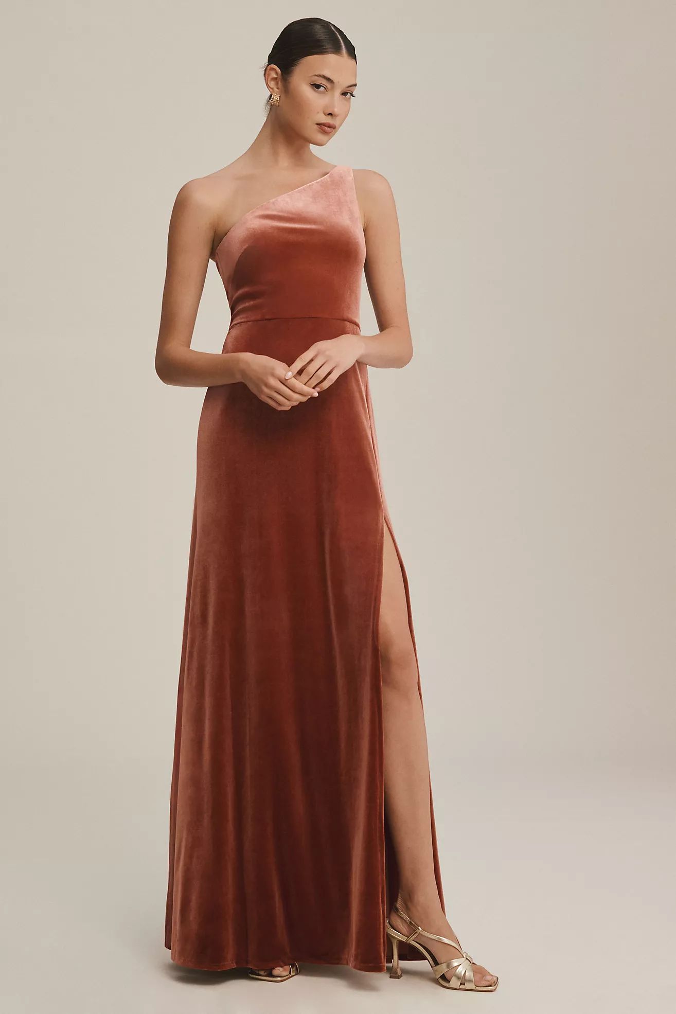 Jenny Yoo Cybill One-Shoulder Side-Slit Stretch Velvet Gown | Anthropologie (US)