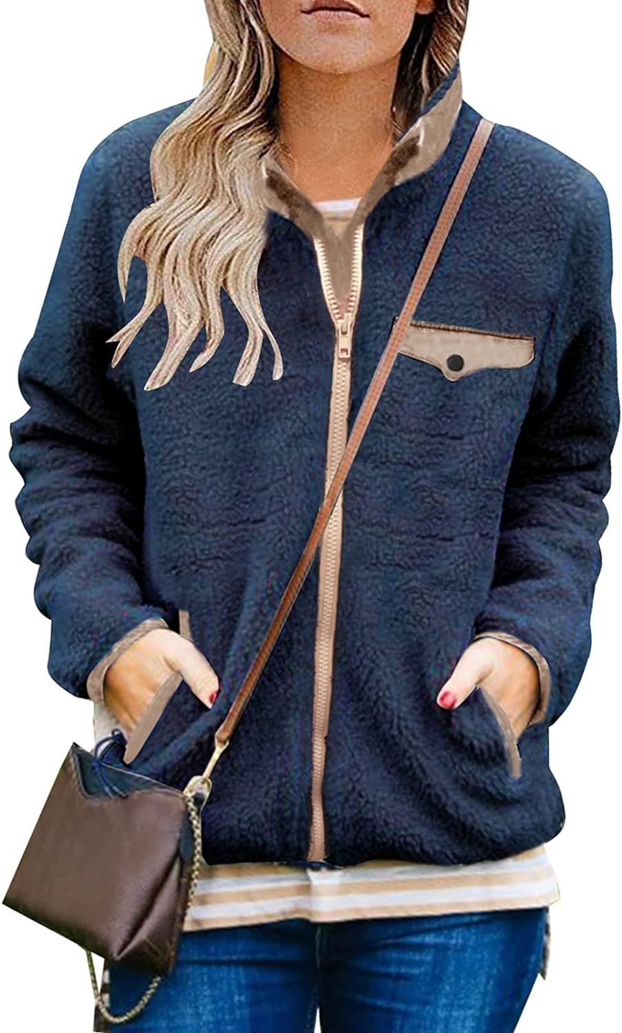 MEROKEETY Womens Long Sleeve Full Zip Sherpa Jackets Patchwork Fleece Coat with Zipper | Amazon (US)