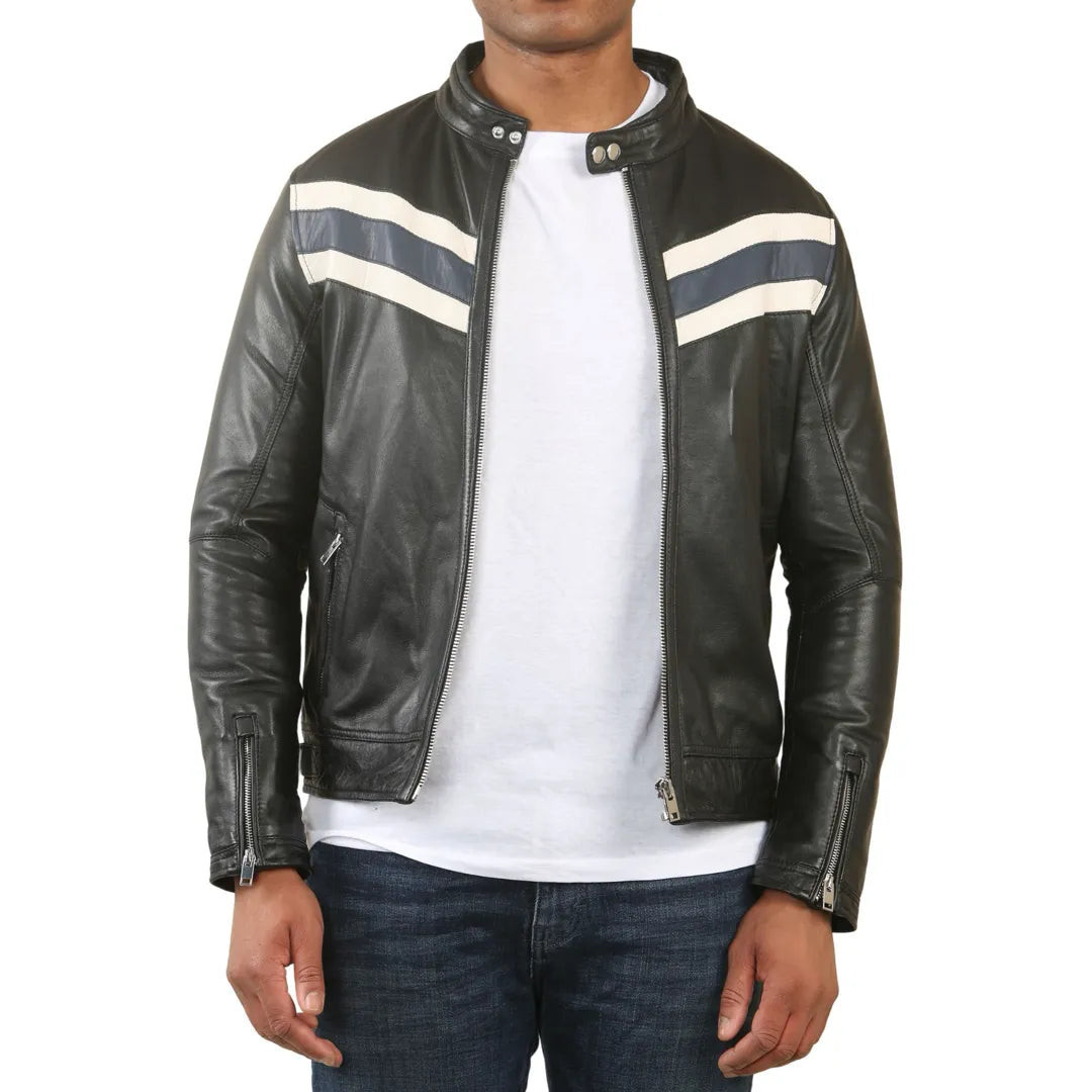 Racer Striped Biker Leather Jacket | Shop Simon