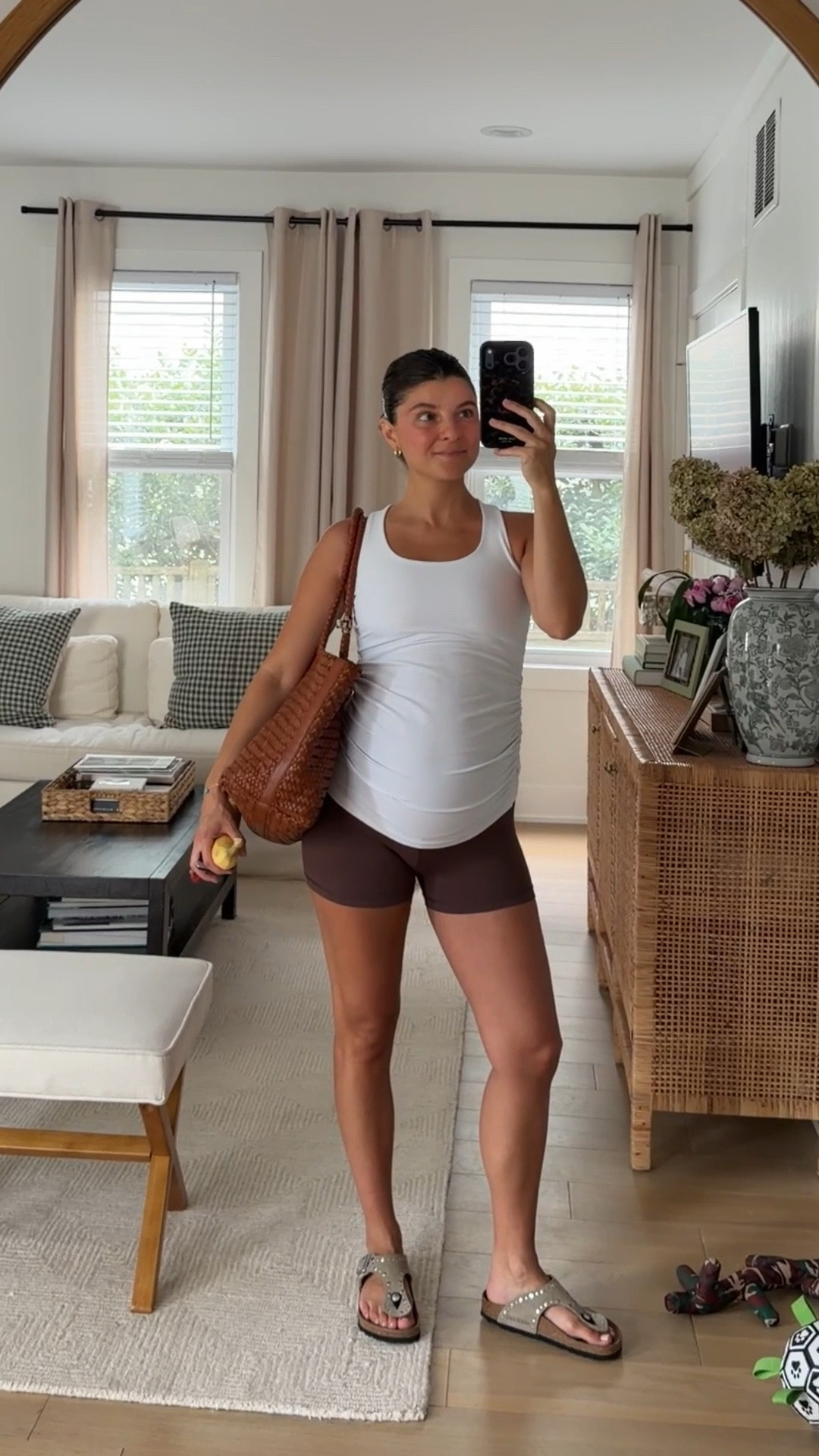 [6/18/26] off to a local event 🤎 top is @beyondyoga maternity in size small, shorts are @Aerie 3 inch biker shorts, wearing size medium but would recommend for athleisure. Bag is @Madewell and shoes are a new obsession from @Birkenstock US

#LTKootd #LTKActive #LTKBump
