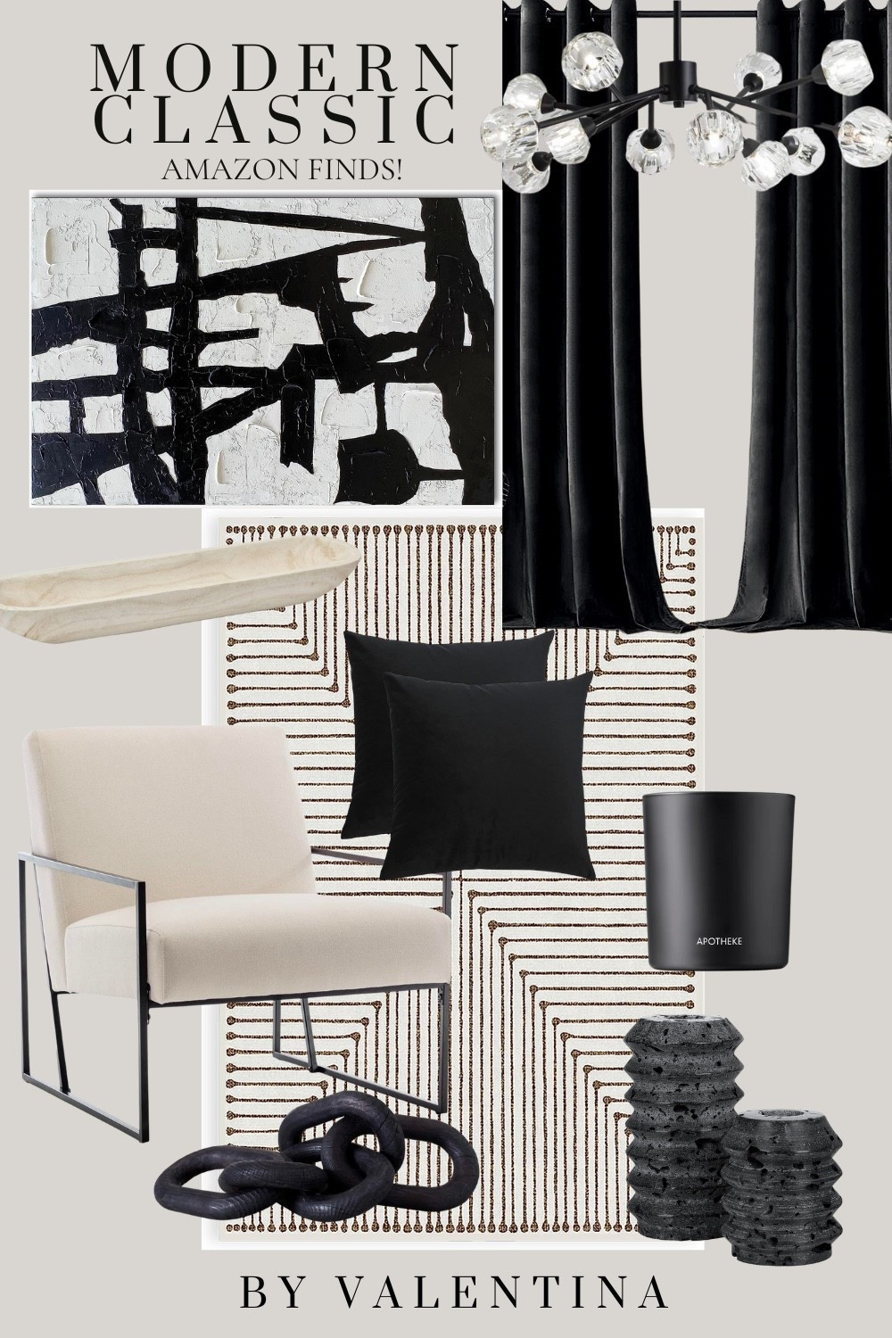 I’m so excited to share this Modern Classic mood board I created using some incredible Amazon finds! I love blending bold black and white tones with warm textures and sleek, sculptural pieces—it gives the space a timeless yet edgy vibe. From the velvet curtains to the abstract art and geometric rug, every piece adds a touch of drama and sophistication. I wanted a look that feels elevated but still cozy and approachable. Whether you're starting fresh or refreshing a corner, these pieces can transform your space. I hope this inspires you as much as it inspired me!

#LTKHome #LTKSeasonal #LTKStyleTip