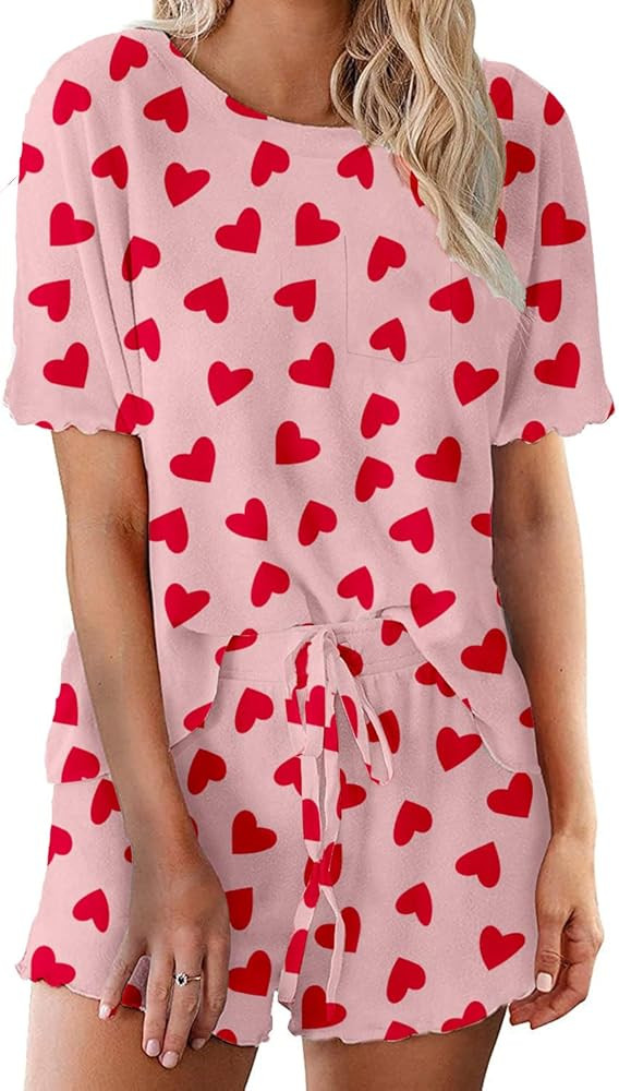Valentiens Day Women's Pajamas Sets Cute Ruffle Holiday Red Love Letters Heart Lounge Set | Amazon (US)