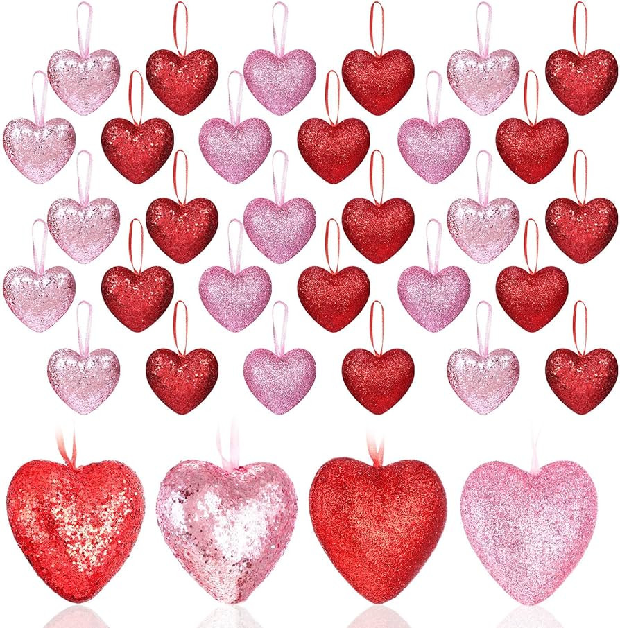 36 Pcs Valentines Day Decorations Red Pink Heart Ornaments Glitter Heart Shaped Hanging Ornaments... | Amazon (US)