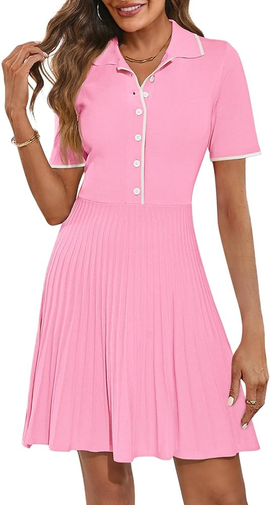 MEROKEETY Women's Summer Ribbed Knit Midi Dresses Short Sleeve V Neck Button A Line Swing Sweater... | Amazon (US)