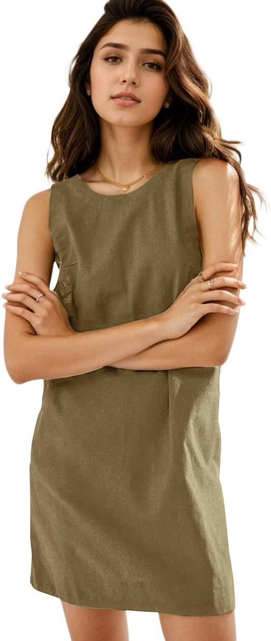 Linen Dress Women Summer T Shirt Dress Sleeveless Cotton-Linen Mini Dress Tank Dress Beach Sun Dr... | Amazon (US)
