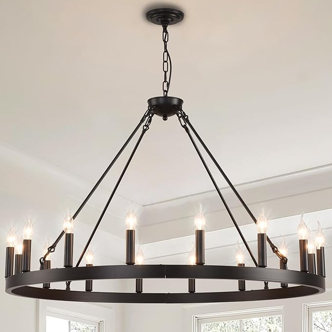 40 Inch Black Large Farmhouse Wagon Wheel Chandelier,16-Light Rustic Round Hanging Light Fixture,... | Amazon (US)