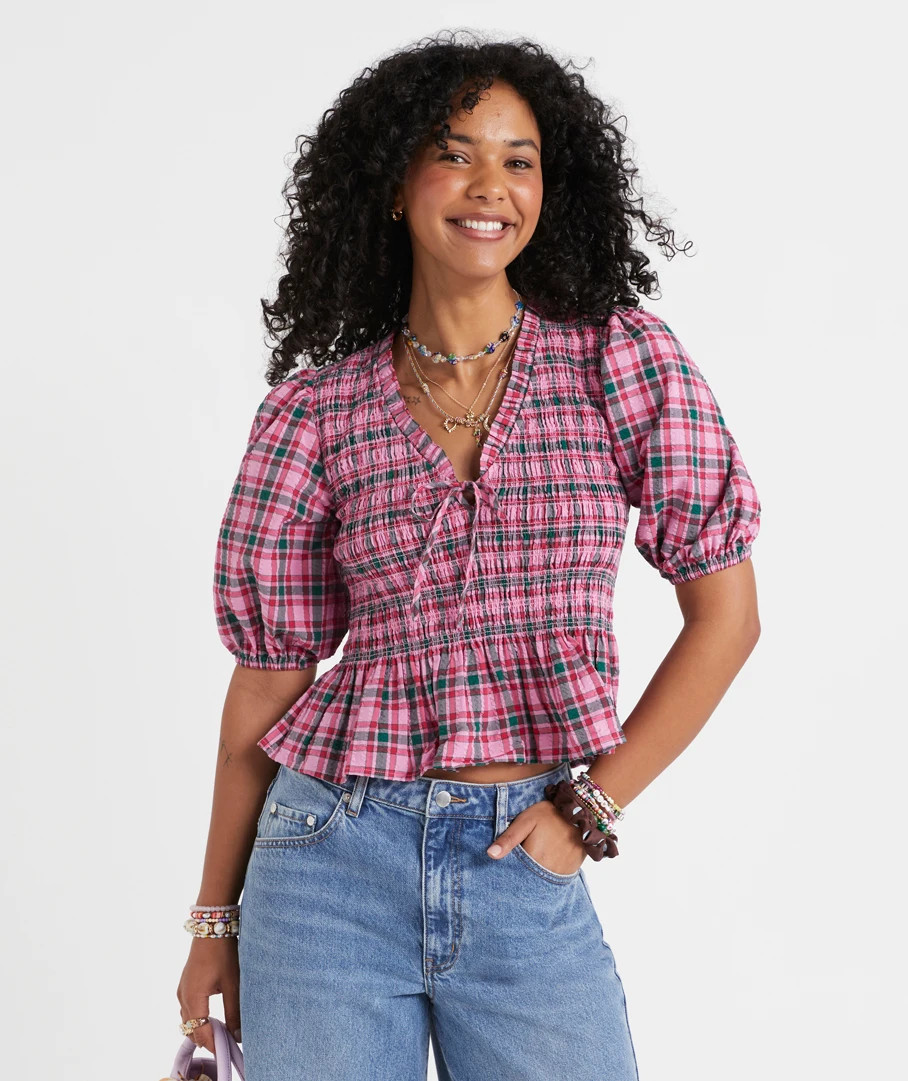 LILA SHIRRED CHECK BLOUSE | Sportsgirl