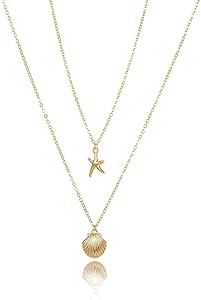Tgirls Boho Starfish Layered Necklace Shell Pendant Necklace Gold Necklaces Chain for Women and G... | Amazon (US)