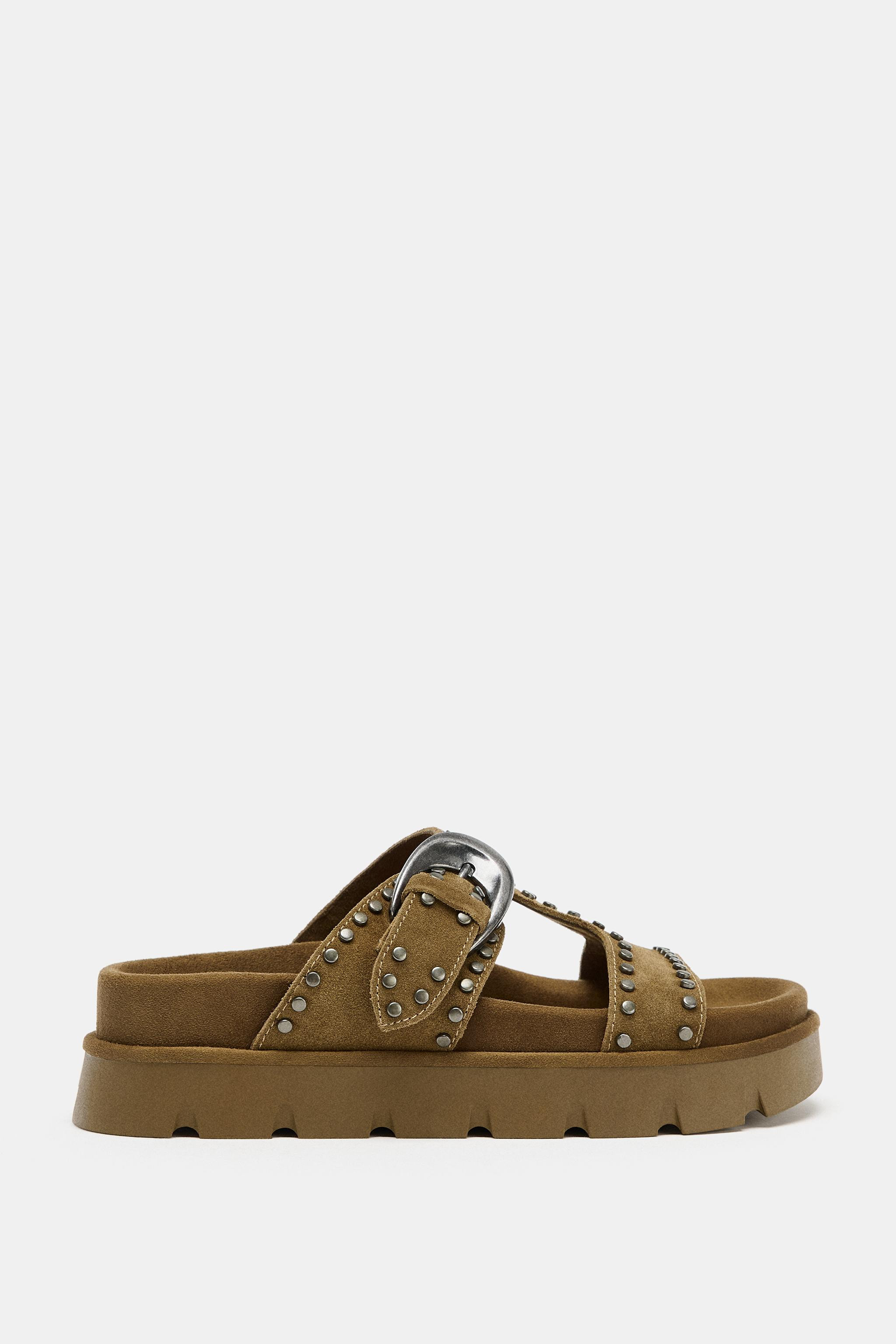 STUDDED SPLIT LEATHER PLATFORM SANDALS | Zara US
