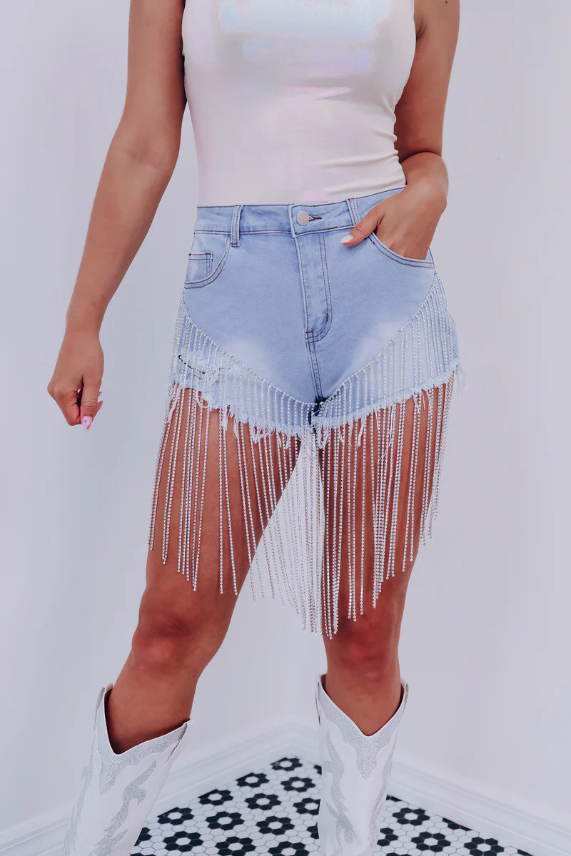 Sparkling Gaze Rhinestone Fringe Denim Shorts | Whiskey Darling Boutique