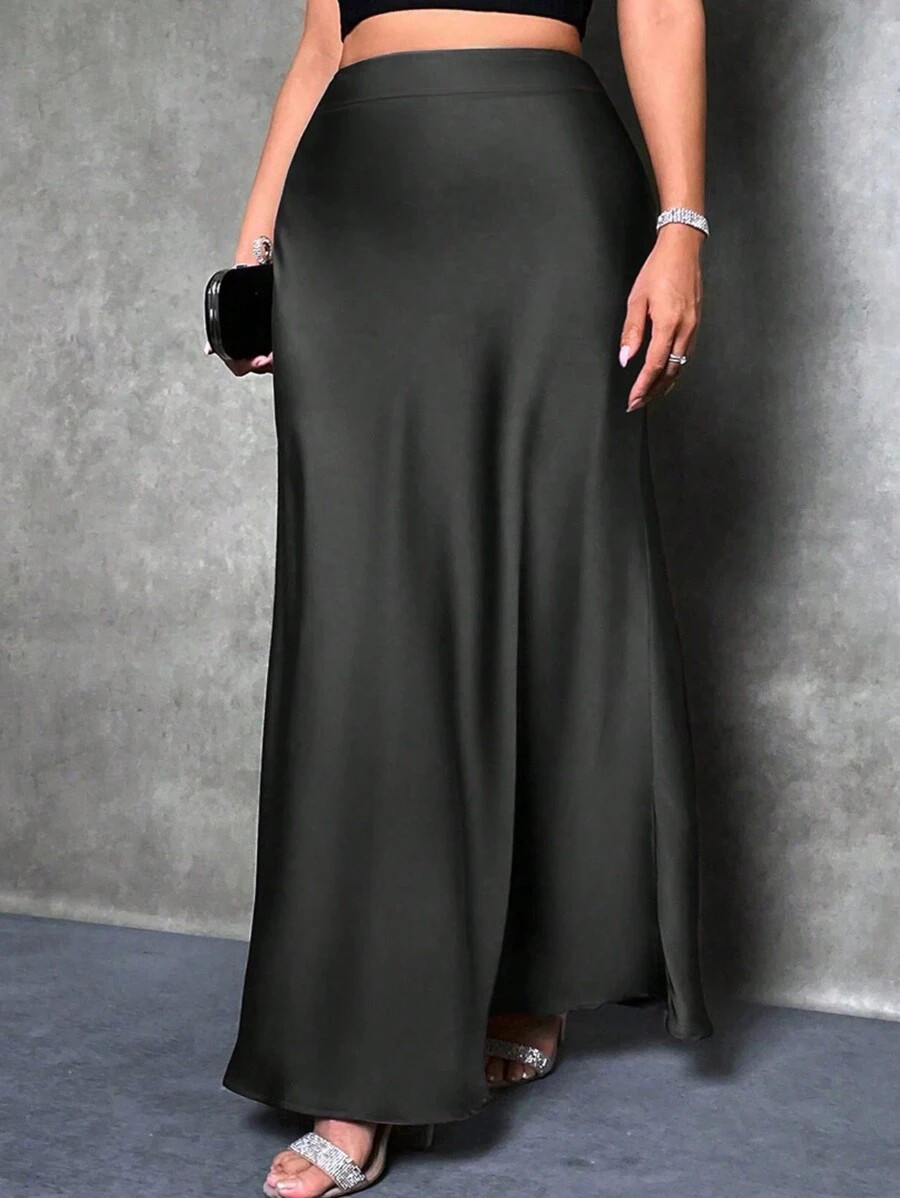 Celure Plus Size Women's Solid Color Simple Daily A-Line Skirt Maxi Women Outfit | SHEIN