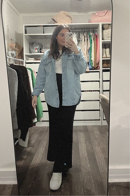 Bump style: 21 weeks pregnant Casual bump style teacher fit
Platform sneakers ribbed pants ribbed t shirt denim shacket 
Elastic waist pants are perfect for the bump 

#LTKbump #LTKstyletip #LTKfindsunder50