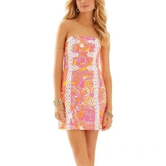 Lilly Pulitzer Tansy Strapless Dress-Sunshine Yellow Sea-Be Seen Pink + Orange | Poshmark