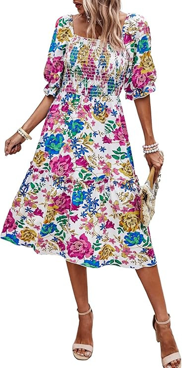 PRETTYGARDEN Women's Summer Casual Dresses 2025 Spring Puff Sleeve Square Neck A-line Flowy Boho ... | Amazon (US)