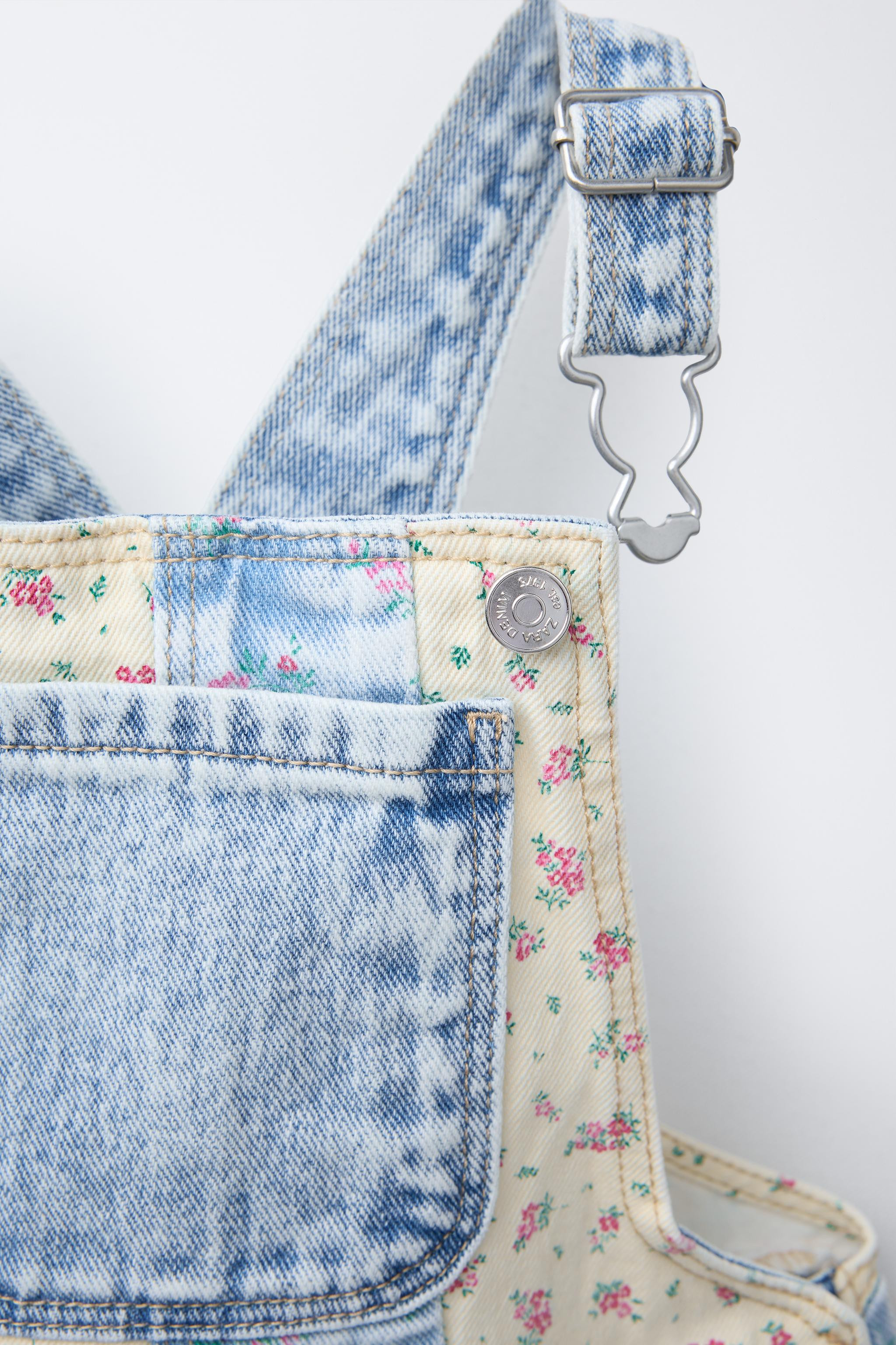 PATCHWORK FLORAL DENIM OVERALL SHORTS | Zara US