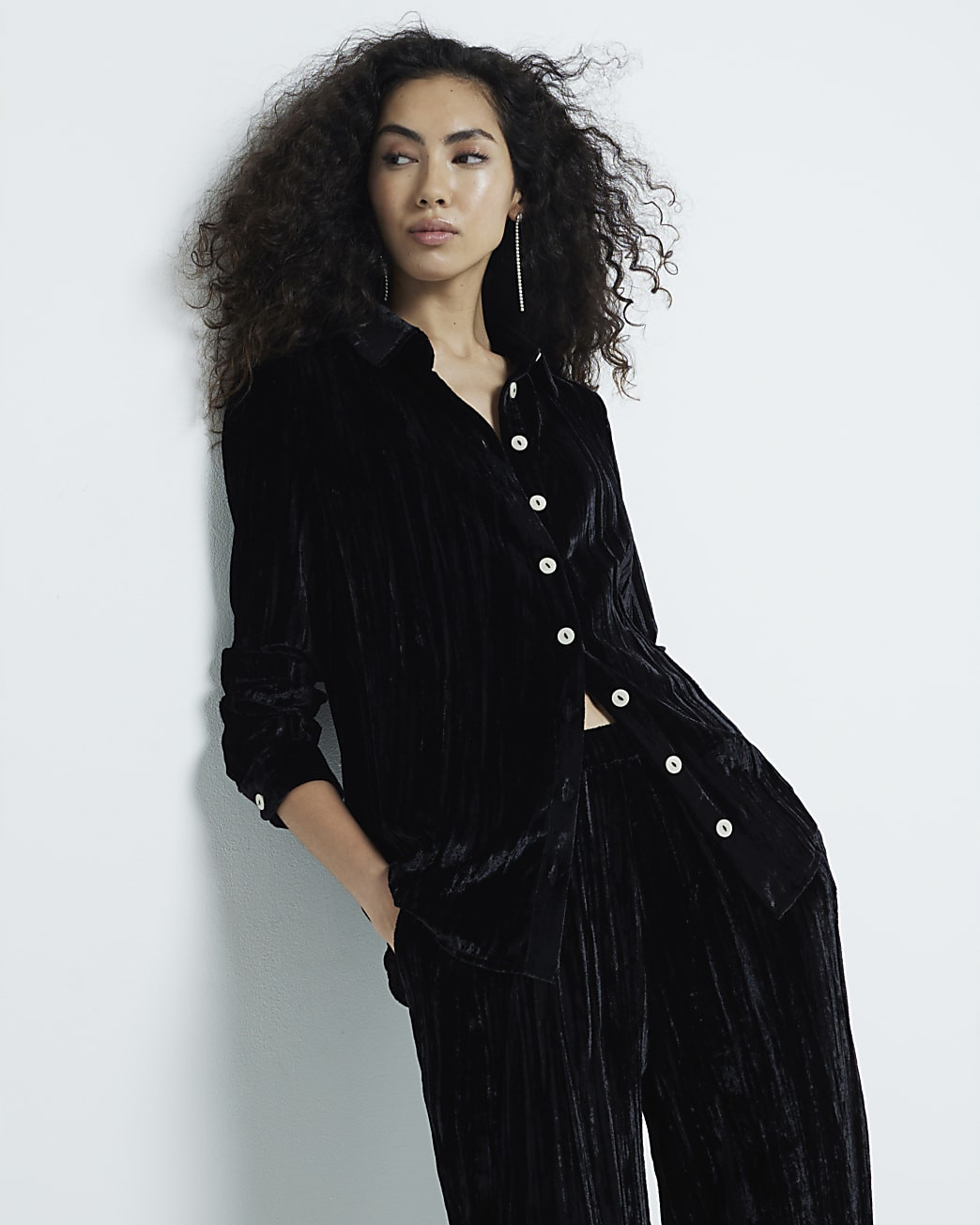 Black Long Sleeve Velvet Shirt | River Island (UK & IE)