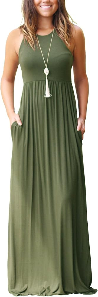 Women's Sleeveless Racerback Loose Plain Maxi Dresses Casual Long Dresses with Pockets | Amazon (US)