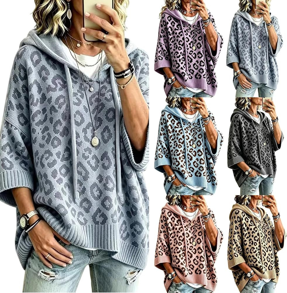 Leopard Print Hooded Sweatshirt 3/4 Sleeves Knit Sweater Hoodies for Women | Amazon (US)