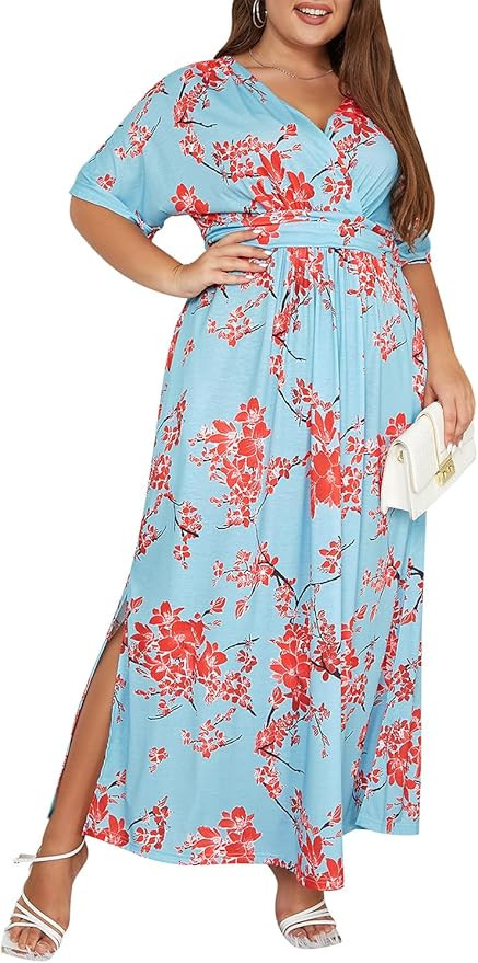 Keluummi Plus Size Wedding Guest Maxi Dresses for Curvy Women, Summer Boho Floral Long Wrap Dress... | Amazon (US)