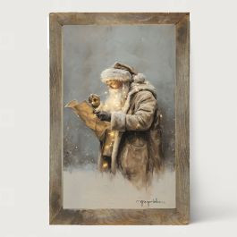 Rustic Framed Santa Reading His List with Christmas Lights Vertical Wall Art | Antique Farm House