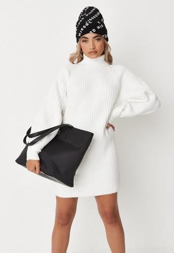 Missguided - Petite White Tuck Sleeve Roll Neck Knit Dress | Missguided (UK & IE)