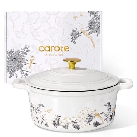 CAROTE 5QT Cast Iron Dutch Oven with Gloves and Pot Pad, 9.5Inch Round Soup Pot, Nonstick Cookware for Baking, Roasting, Braising & Cooking, Dual Handles,White | Walmart (US)