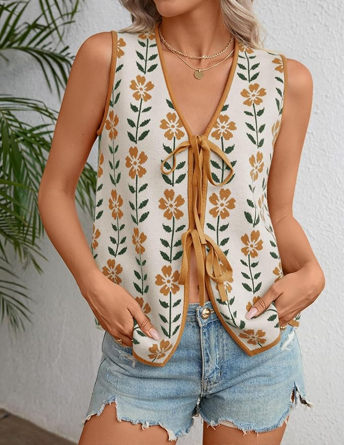 ZESICA Women's Tie Front Sweater Vest Summer Print Sleeveless Knit Y2k Tank Tops 2026 Trendy Clot... | Amazon (US)