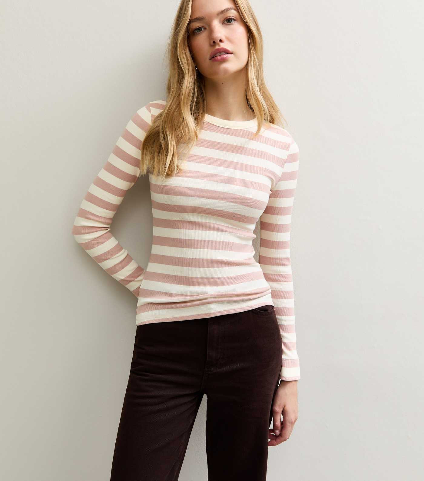 Cream Striped Long Sleeve Ribbed Crew Neck Top | New Look | New Look (UK)