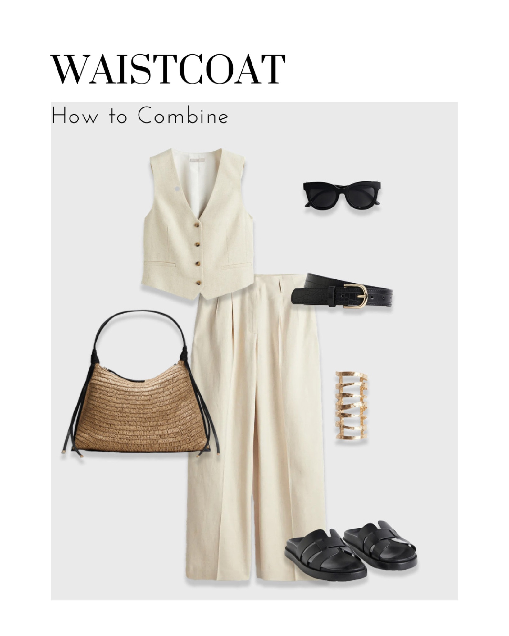 Spring Chic: Beige Elegance with a Hint of Black
Elevate your spring wardrobe with this sophisticated ensemble! Pair a timeless beige waistcoat with tailored beige trousers for a classic, yet contemporary look. Add a touch of edge with sleek black slippers, perfect for both comfort and style. Shield your eyes from the sun with black traditional sunglasses, adding an element of mystery to your outfit. Complete the ensemble with a straw bag for a refreshing nod to the season's natural textures. Whether strolling through the city streets or enjoying a leisurely brunch, this ensemble exudes effortless elegance with a modern twist.

#SpringFashion #ChicStyle #BeigeElegance #BlackSlippers #TailoredTrousers #SunglassesStyle #StrawBag #FashionInspiration #SpringEnsemble