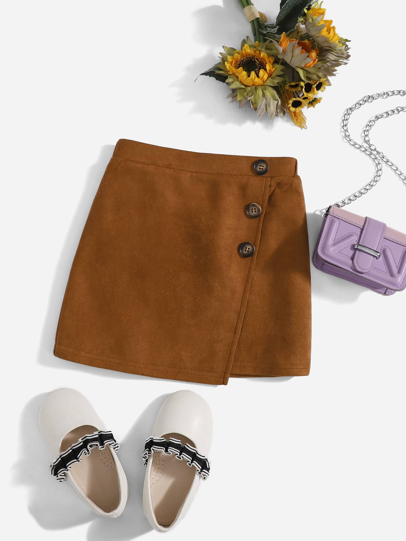 SHEIN Toddler Girls Fake Button Wrap Hem Suedette Skirt | SHEIN