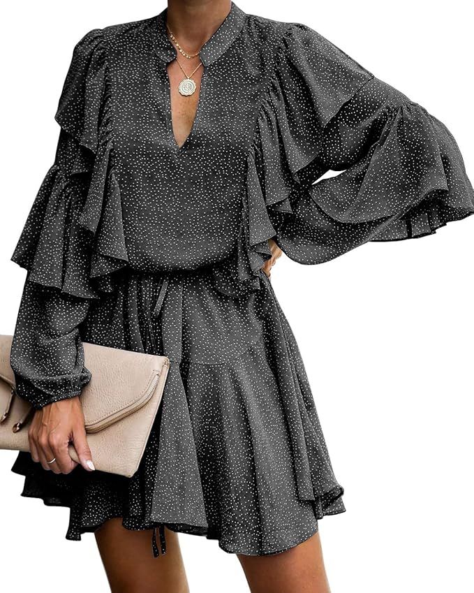MITILLY Women's Split V Neck Ruffle Long Sleeve Polka Dot Casual Loose Swing Short Dress | Amazon (US)
