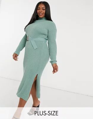 In The Style Plus x Billie Faiers roll neck knitted dress with belt in sage | ASOS (Global)