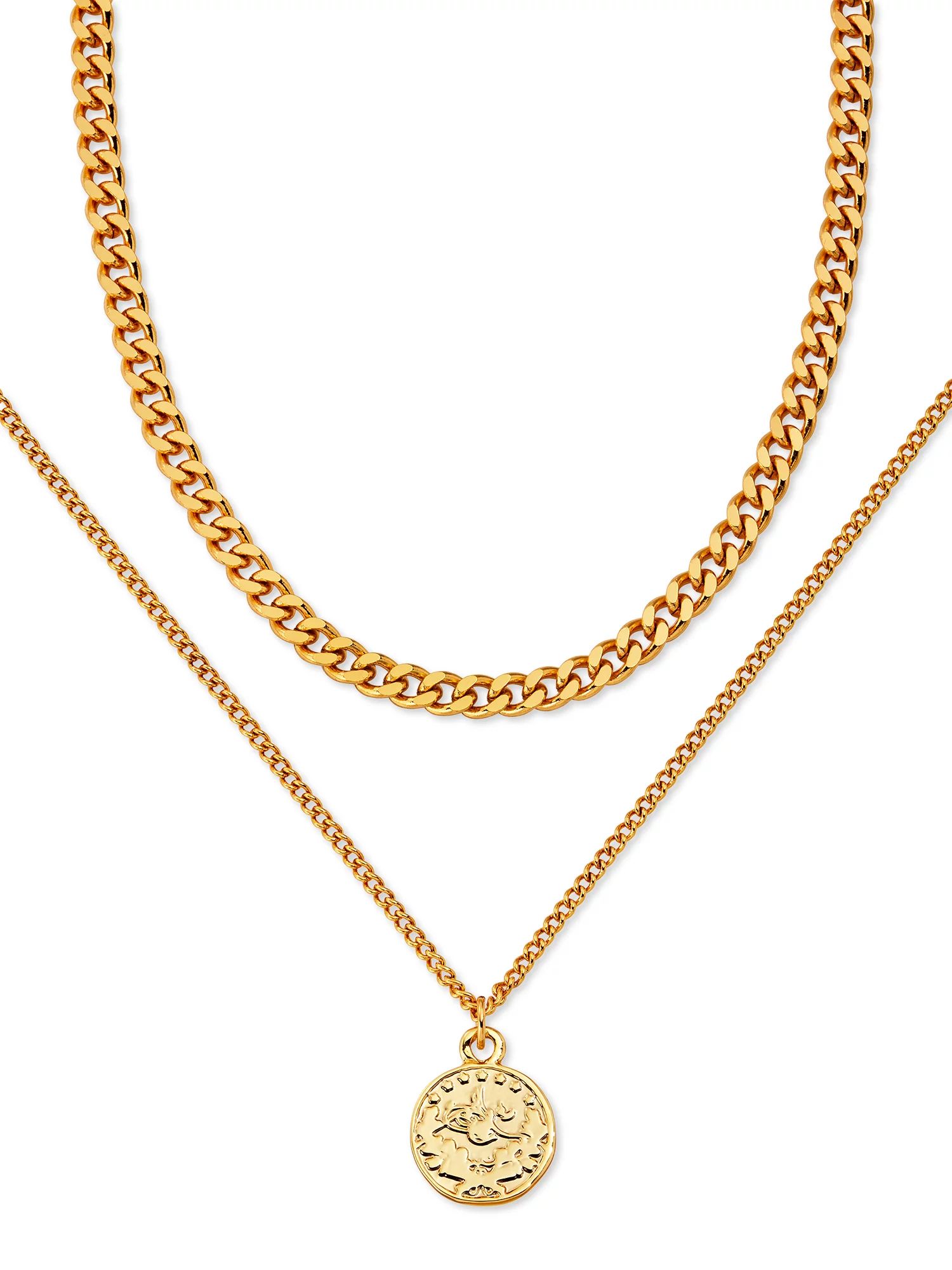 Scoop 14KT Gold Flash Plated Brass Layered Coin Necklace, 16.5" + 3" Extender | Walmart (US)