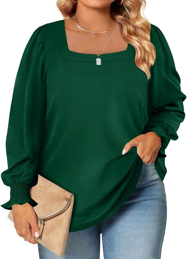 Eytino Plus Size Tops for Women Square Neck Puff Long Sleeve Casual Loose Blouse Shirts(1X-5X) | Amazon (US)