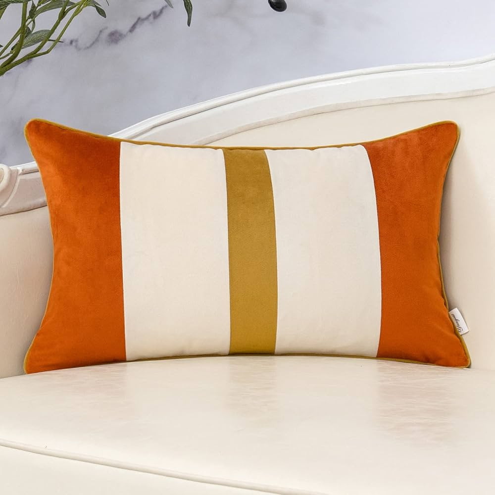 Yangest Orange Patchwork Lumbar Throw Pillow Cover Striped Velvet Cushion Case Modern Neutral Obl... | Amazon (US)