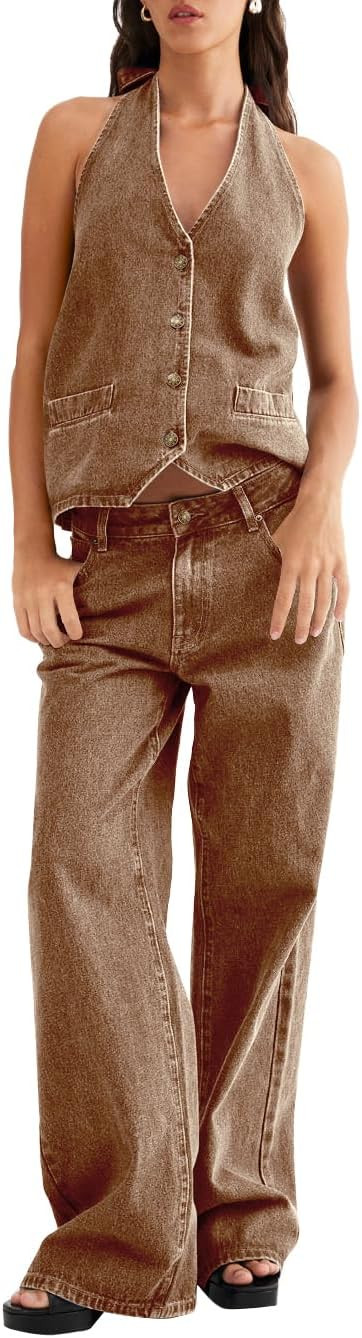 Fisoew Women's Two Piece Denim Set Button Down Backless Tank Top and Wide Leg Jeans 2 Piece Outfi... | Amazon (US)