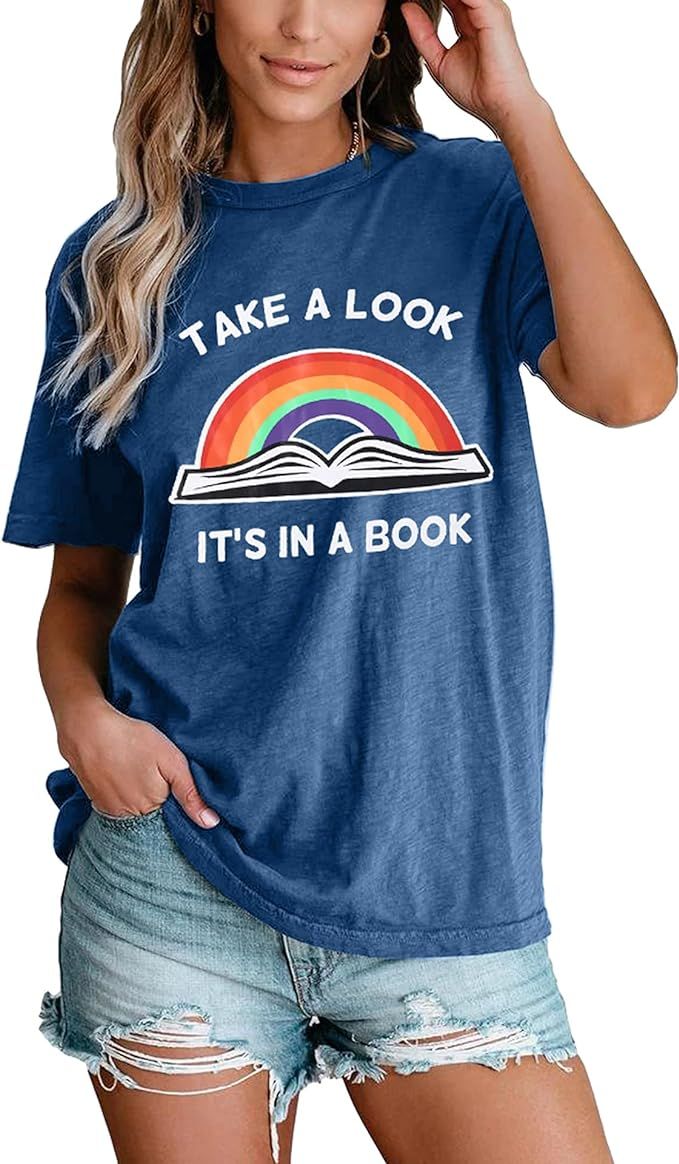 MYHALF Book T Shirt Women Reading Rainbow Shirt Teacher Shirts Casual Graphic Tee Tops | Amazon (US)