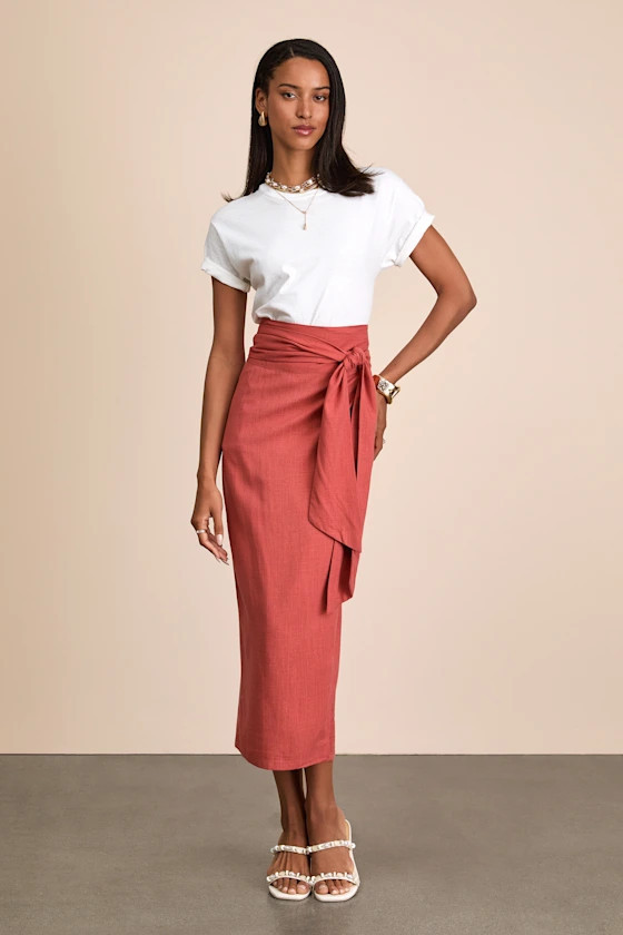 Breezy Personality Rust Red Linen Midi Wrap Skirt | Lulus
