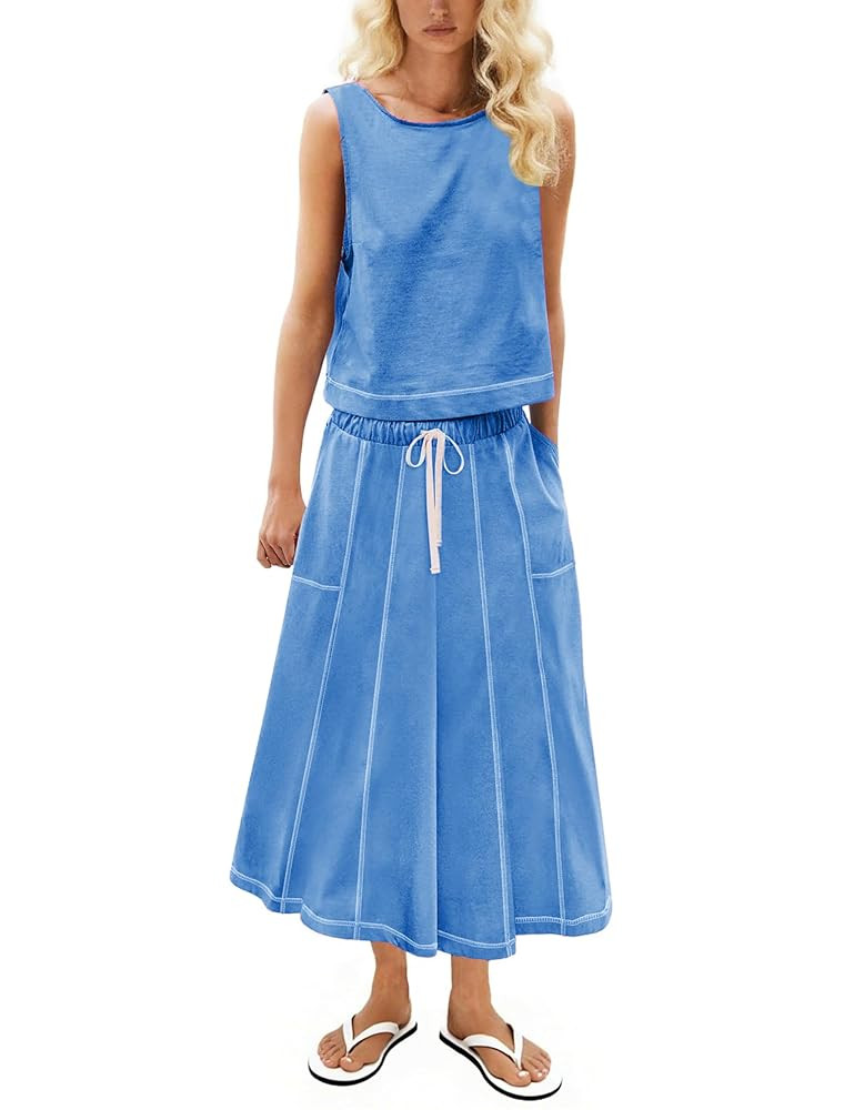 Women's Y2K 2 Piece Set – Summer Sleeveless Tank Top and Drawstring Midi Skirt Lounge Outfit wi... | Amazon (US)