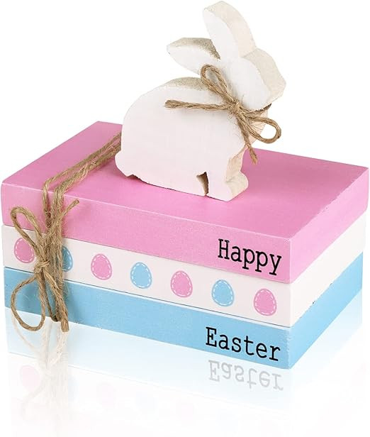 Treory Easter Decorations for The Home, 4 pcs Easter Decor Book Stack Pink Blue Happy Easter Bunn... | Amazon (US)