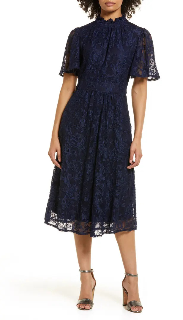Flutter Sleeve Lace Mock Neck Midi Dress | Nordstrom