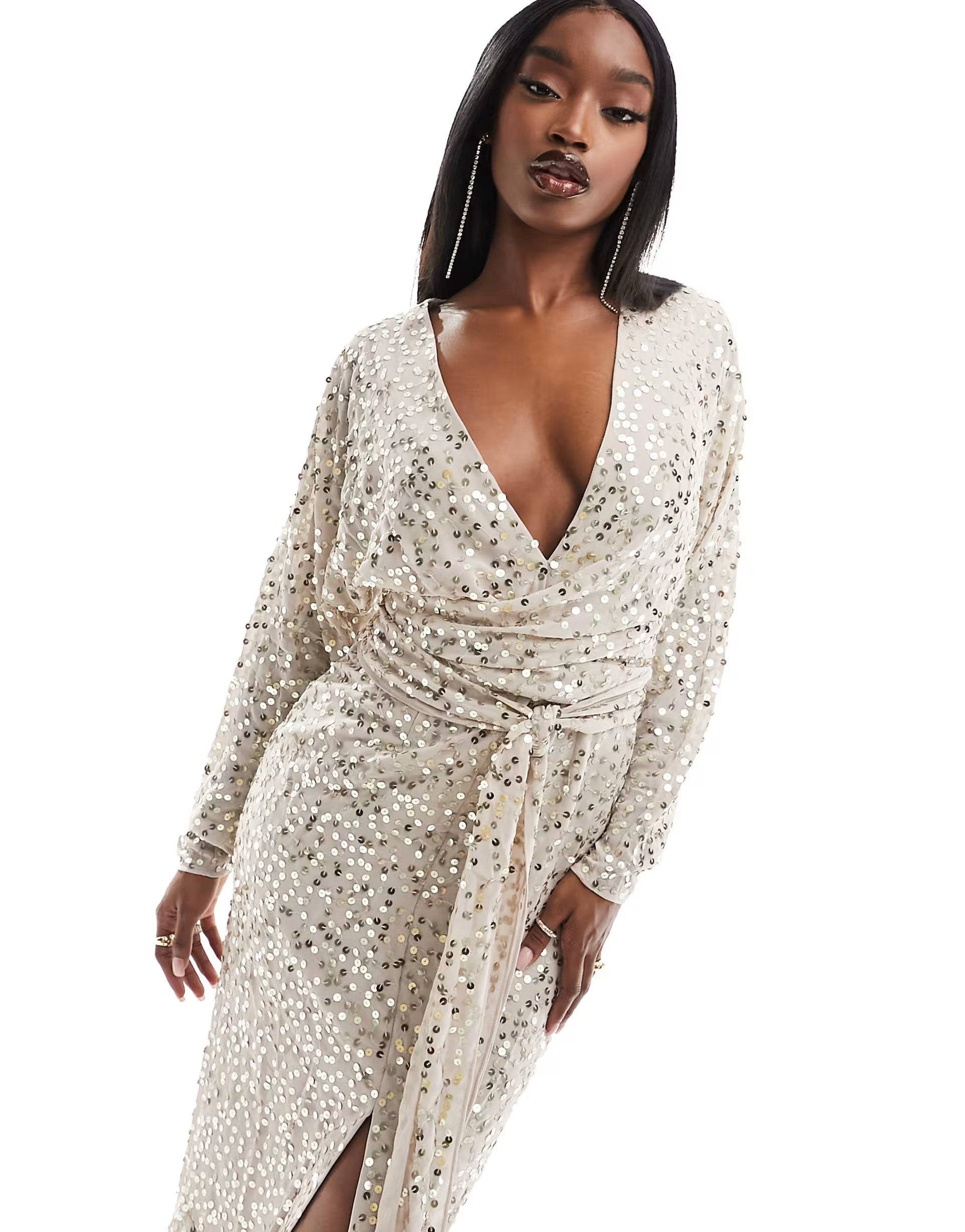 ASOS DESIGN midi dress with batwing sleeve and wrap waist in scatter sequin | ASOS (Global)