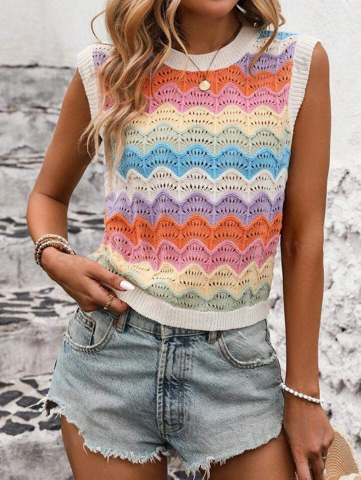 SHEIN LUNE Women's Fashionable Colorful Wave Striped Knitted Sweater Vest | SHEIN